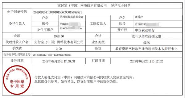 教育资助网转款给潘秀玲同学的电子回单