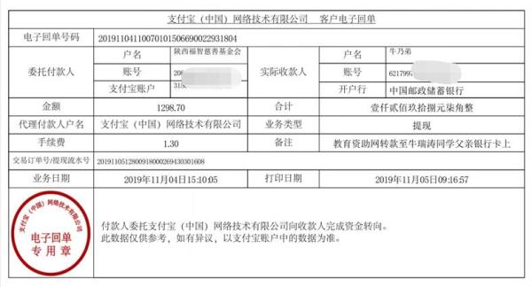 教育资助网转款给牛瑞涛同学的电子回单