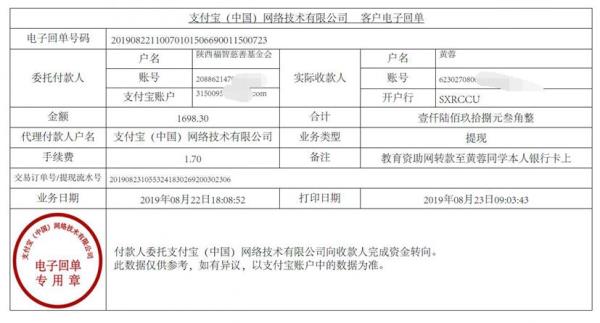 教育资助网转款给黄蓉同学的电子回单