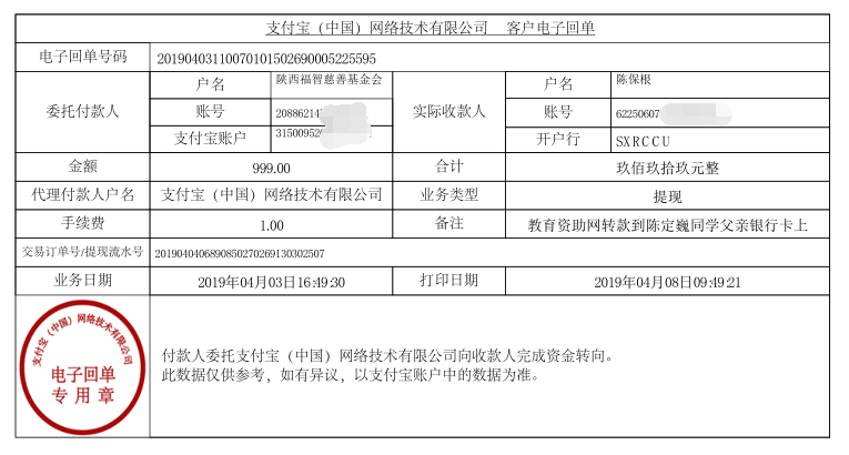 教育资助网给陈定巍t同学转款的电子回单