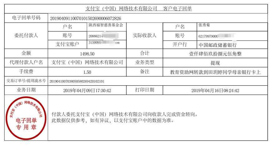 教育资助网给田玥婷同学转款的电子回单