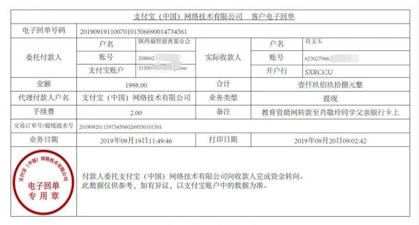 教育资助网转款给肖敬玲同学的电子回单