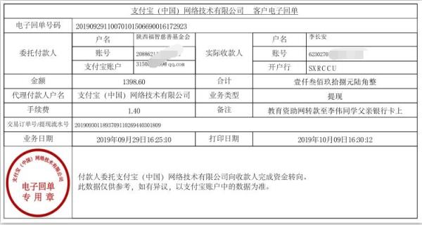 教育资助网转款给李伟同学的电子回单