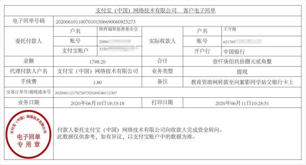 教育资助网给向絮影同学转款的电子回单