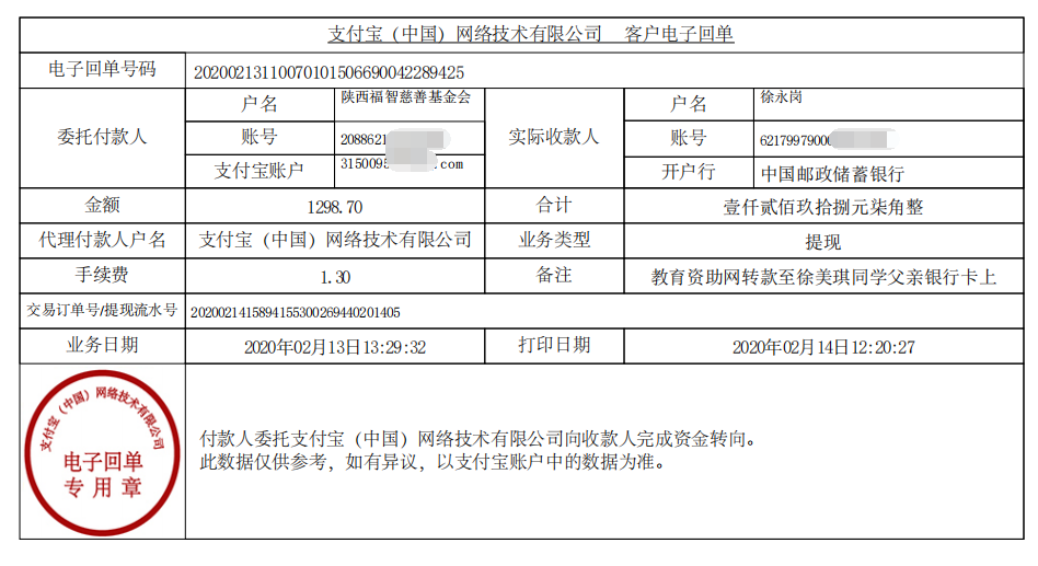 教育资助网给徐美琪同学转款的电子回单