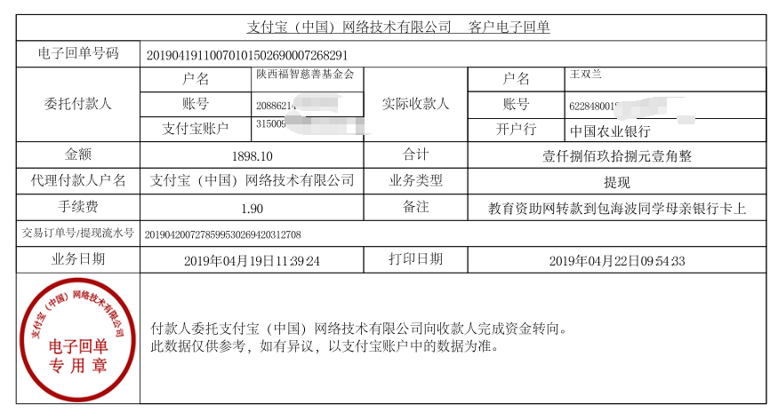 教育资助网给包海波同学转款的电子回单