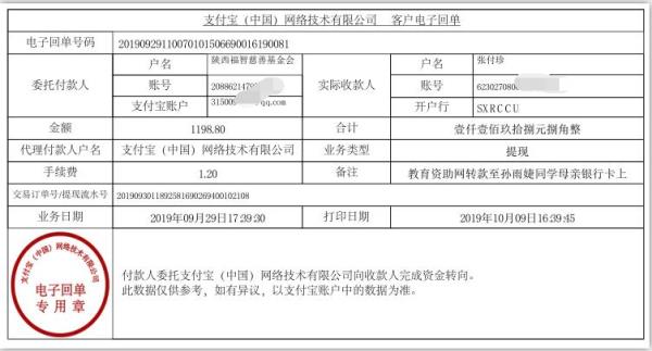 教育资助网转款给孙雨婕同学的电子回单