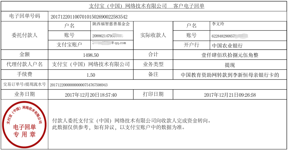 中国教育资助网转款给李新恒同学的电子回单