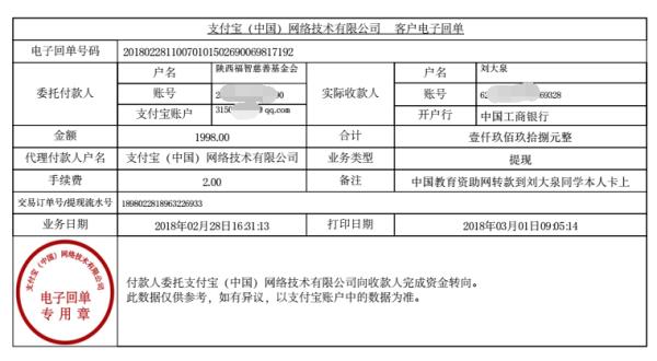 中国教育资助网给刘大泉同学转款电子回单