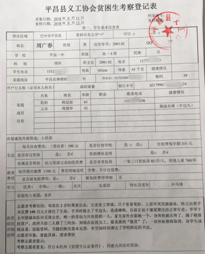 平昌县义工协会登记周广春同学家庭情况信息