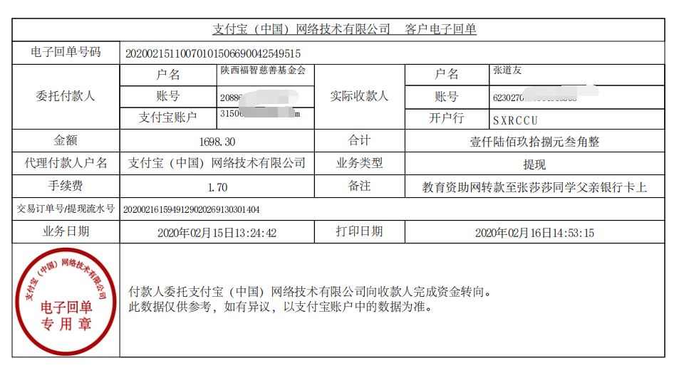 教育资助网给张莎莎同学转款的电子回单