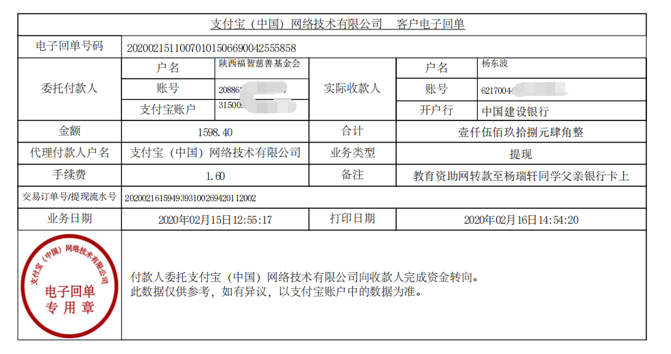 教育资助网给杨瑞轩同学转款的电子回单