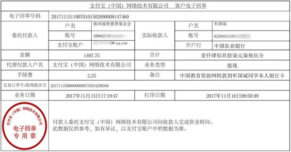 中国教育资助网转款给牟国斌同学的电子回单