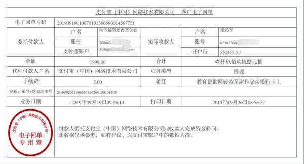 教育资助网转款给谢科同学的电子回单