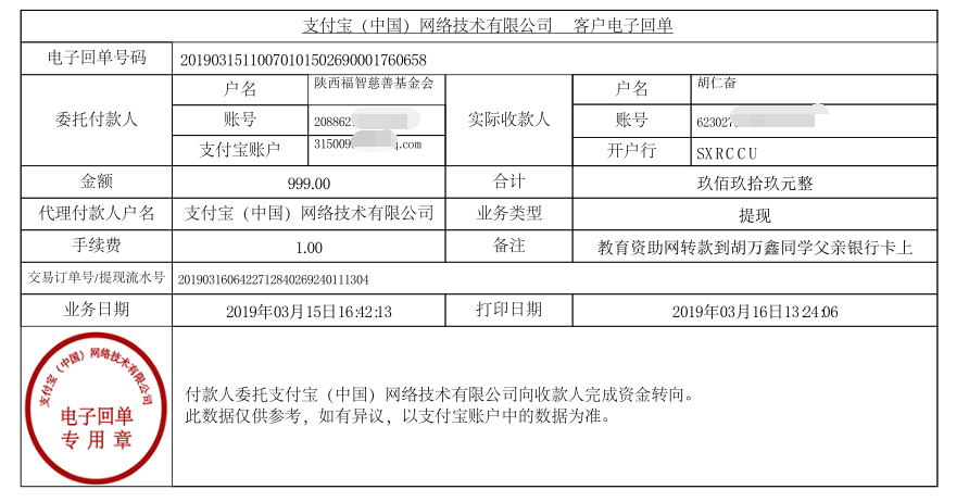 教育资助网给胡万鑫同学转款的电子回单