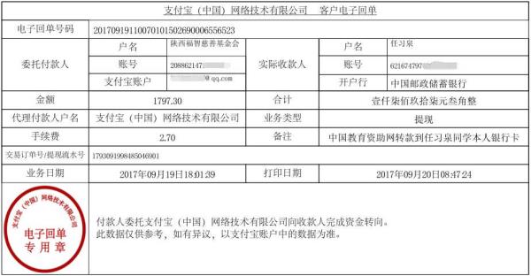 中国教育资助网转给任习泉同学的电子回单