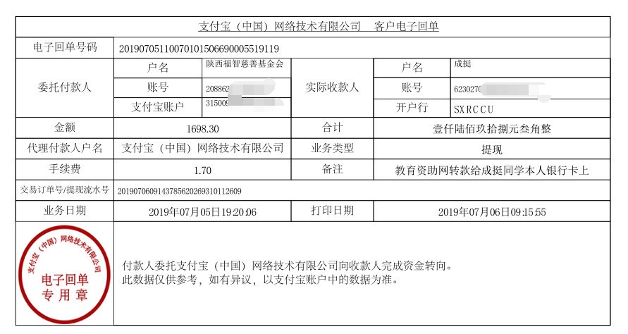教育资助网给成挺同学转款的电子回单