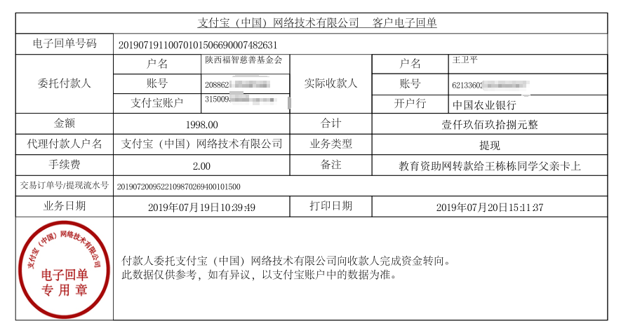教育资助网给王栋栋同学转款的电子回单
