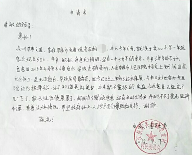 唐甲文浩贫困申请书
