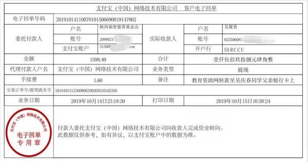 教育资助网转款给吴庆春同学的电子回单