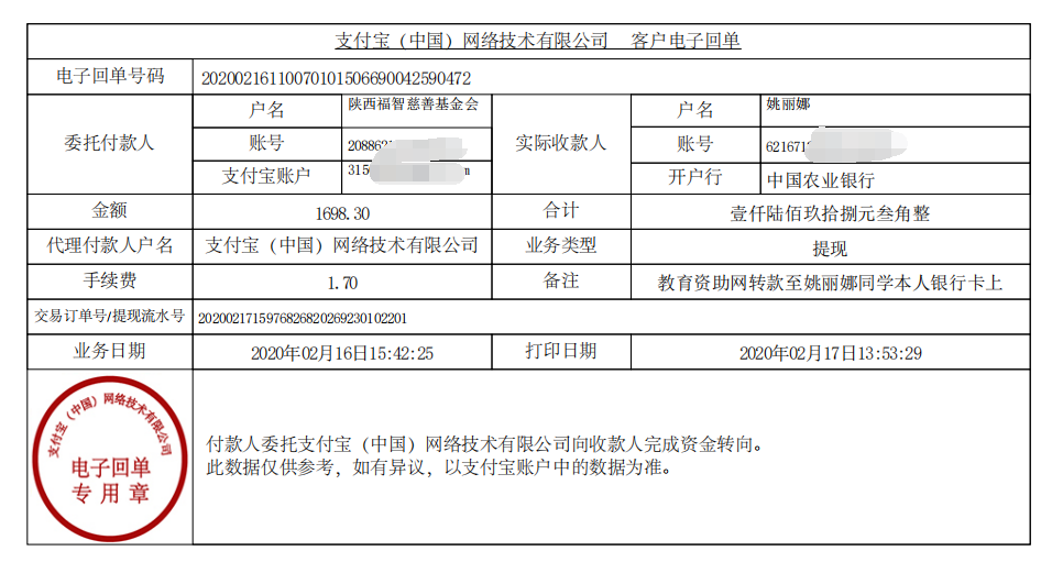 教育资助网给姚丽娜同学转款的电子回单
