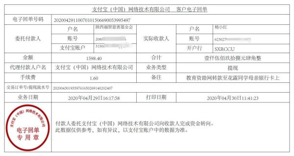 教育资助网给花露同学转款的电子回单