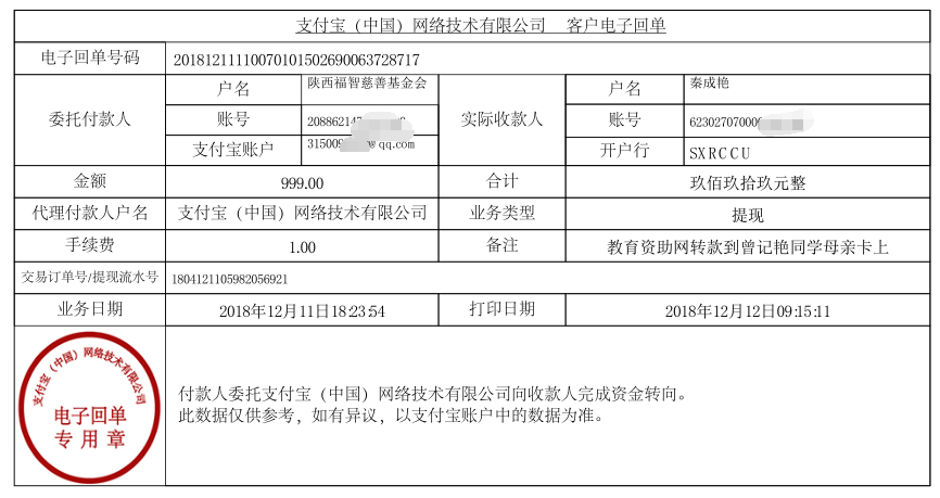 教育资助网给曾记艳同学转款的电子回单
