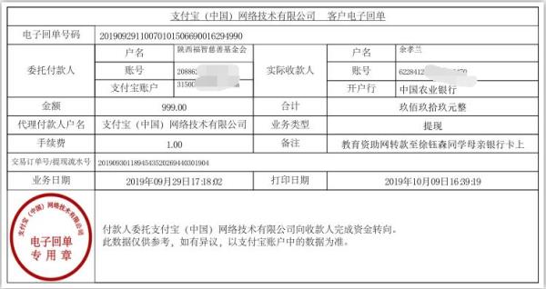 教育资助网转款给徐钰森同学的电子回单