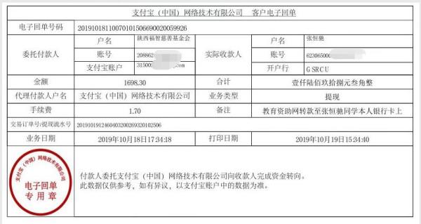 教育资助网转款给张恒驰同学的电子回单