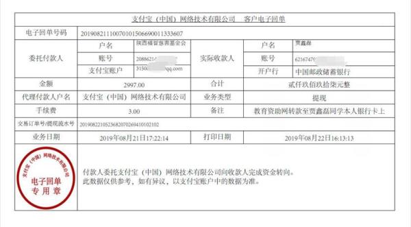 教育资助网转款给贾鑫磊同学的电子回单