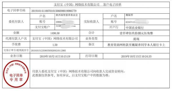 教育资助网转款给魏凝香同学的电子回单