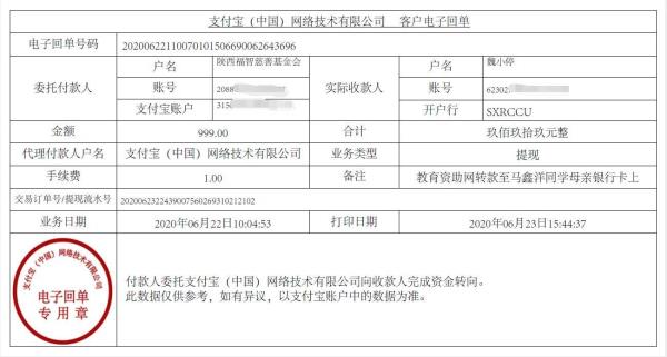 教育资助网给马鑫洋同学转款的电子回单