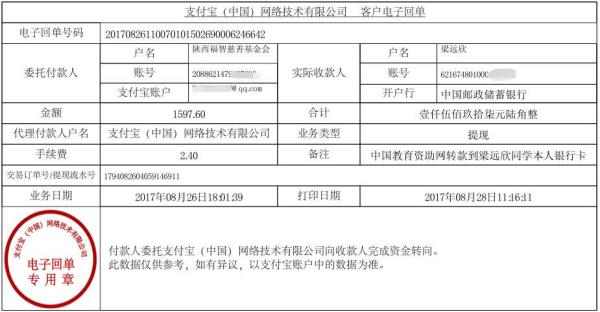 为梁远欣同学转款凭证