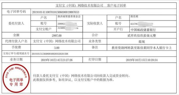 教育资助网转款给陈佳莉同学的电子回单