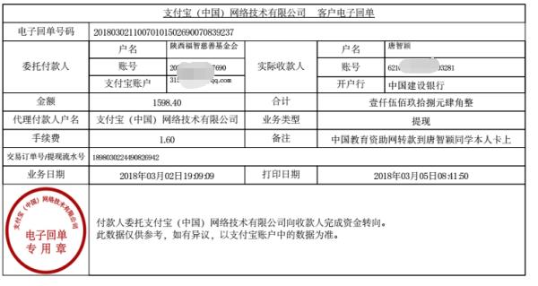 中国教育资助网给唐智颖·同学转款的电子回单