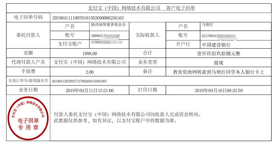 教育资助网给马艳红同学转款的电子回单