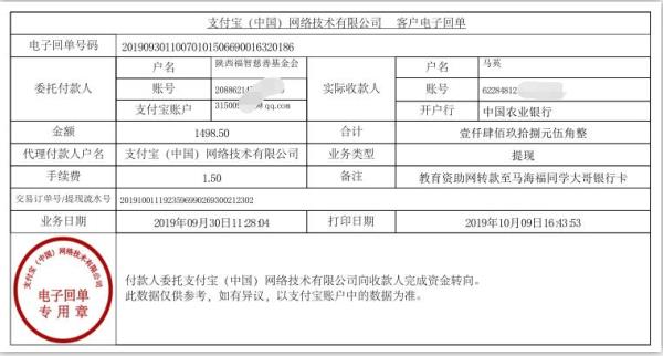 教育资助网转款给马海福同学的电子回单