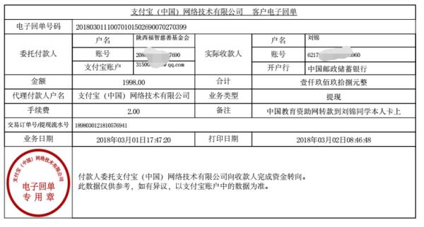 中国教育资助网给刘锦同学转款的电子回单