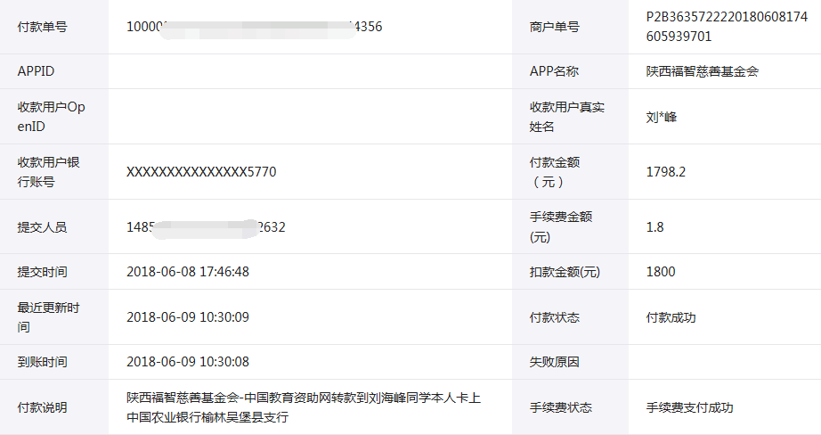 中国教育资助网给刘海峰同学转款的电子回单