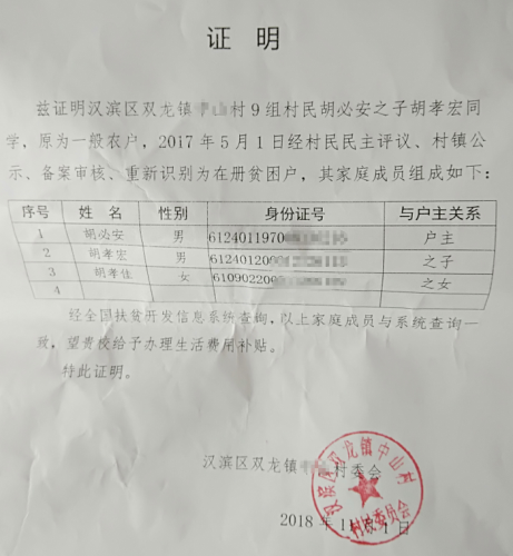 胡孝宏贫困证明