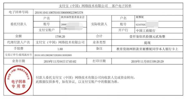 教育资助网转款给姬雅妮同学的电子回单