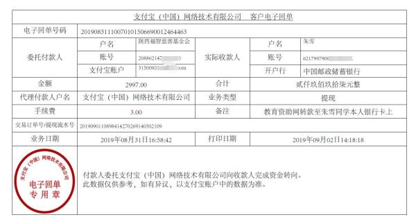 教育资助网转款给朱雪同学的电子回单