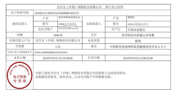 中国教育资助网给魏慧纯同学转款电子回单