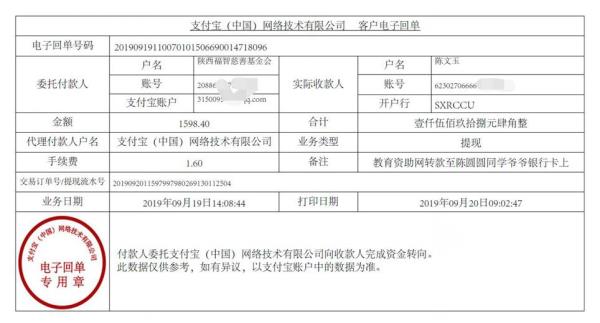 教育资助网转款给陈圆圆同学的电子回单