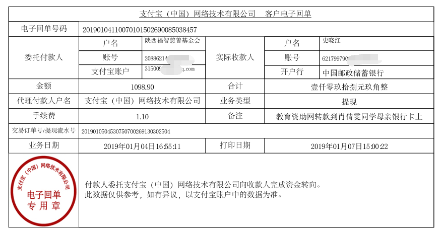 教育资助网给肖倩雯同学转款的电子回单