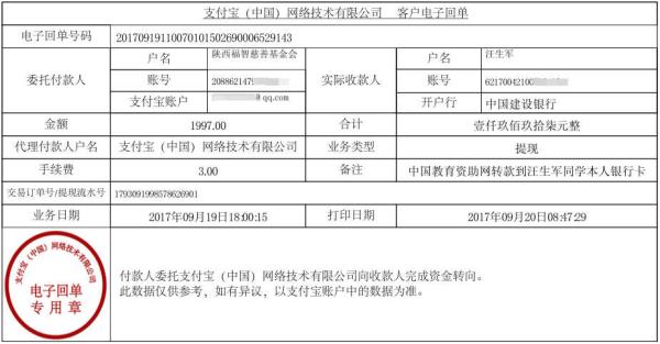 中国教育资助网转给汪生军同学的电子回单