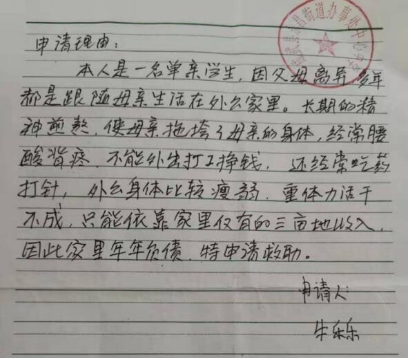 牛乐乐贫困申请书