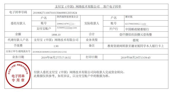 教育资助网转款给谢亚妮同学的电子回单