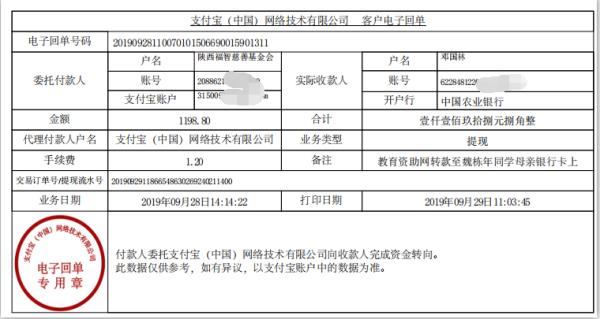 教育资助网转款给魏栋年同学的电子回单