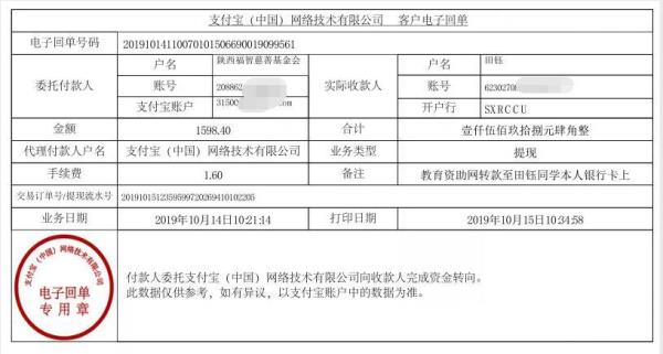 教育资助网转款给田钰同学的电子回单